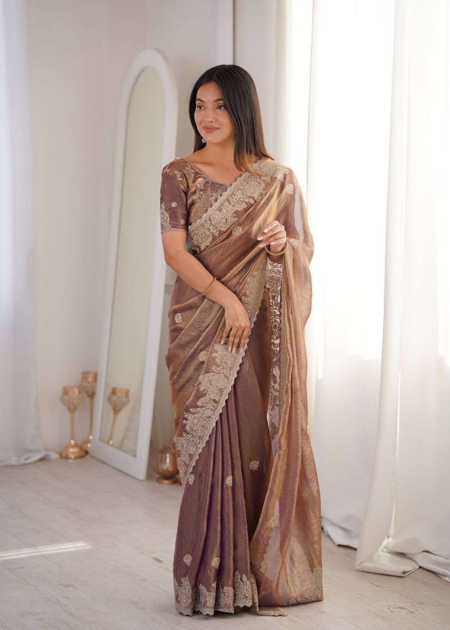 Rose Gold Designer Fendy Crush Saree ClothsVilla
