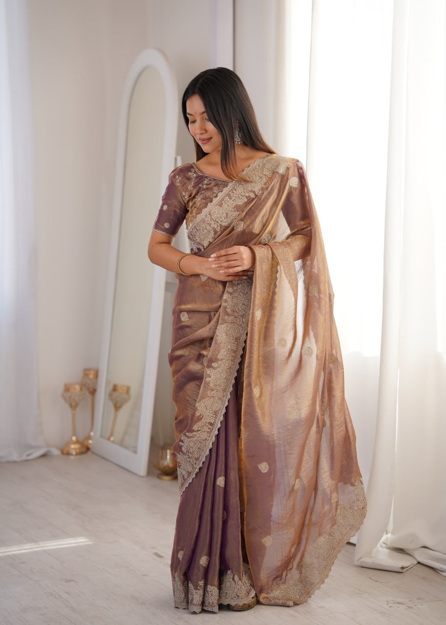 Rose Gold Designer Fendy Crush Saree ClothsVilla