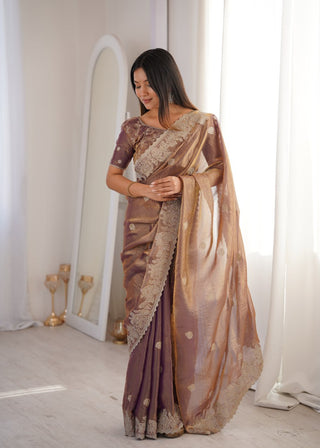 Rose Gold Designer Fendy Crush Saree ClothsVilla