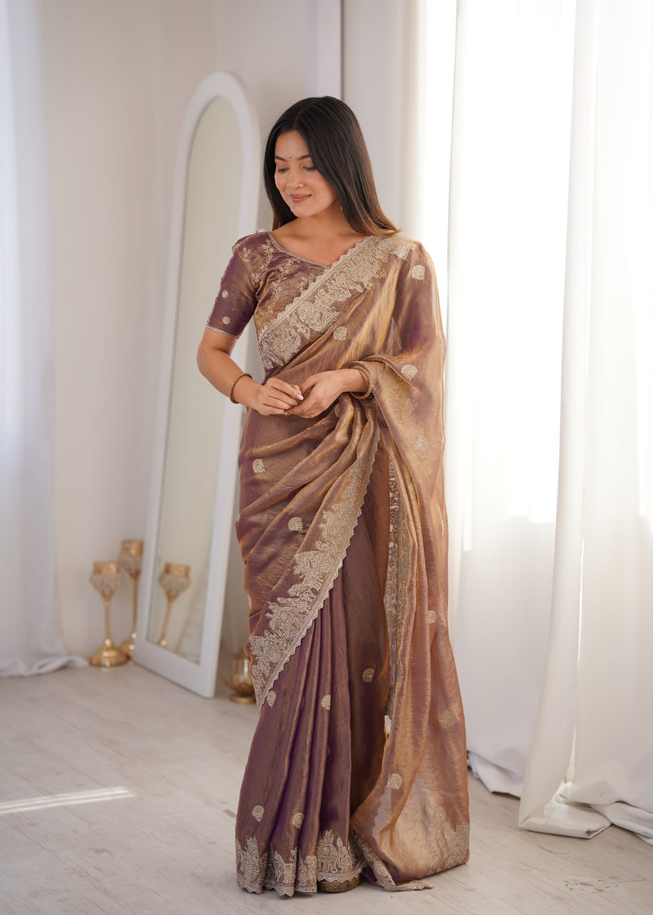 Rose Gold Designer Fendy Crush Saree ClothsVilla