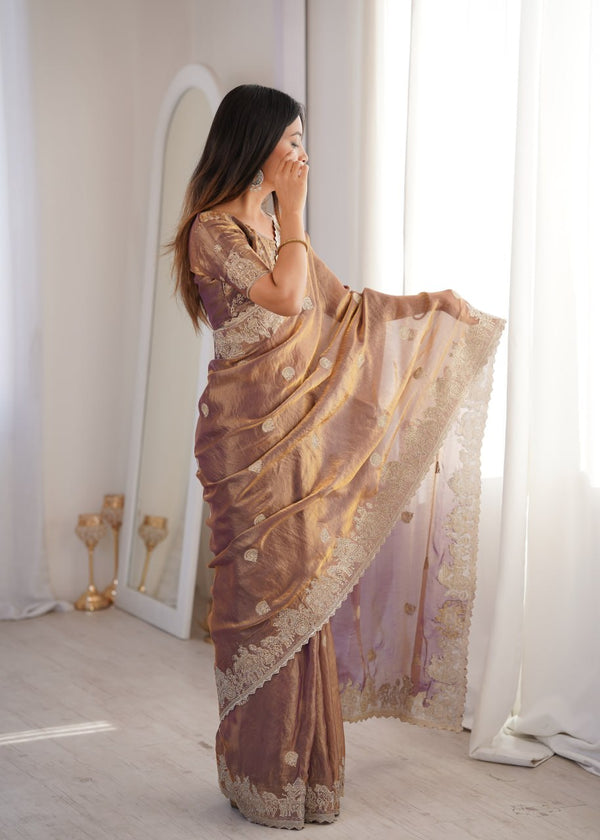 Rose Gold Designer Fendy Crush Saree ClothsVilla