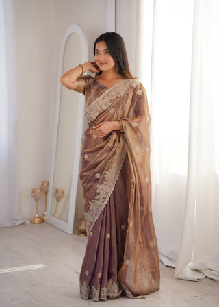 Rose Gold Designer Fendy Crush Saree ClothsVilla