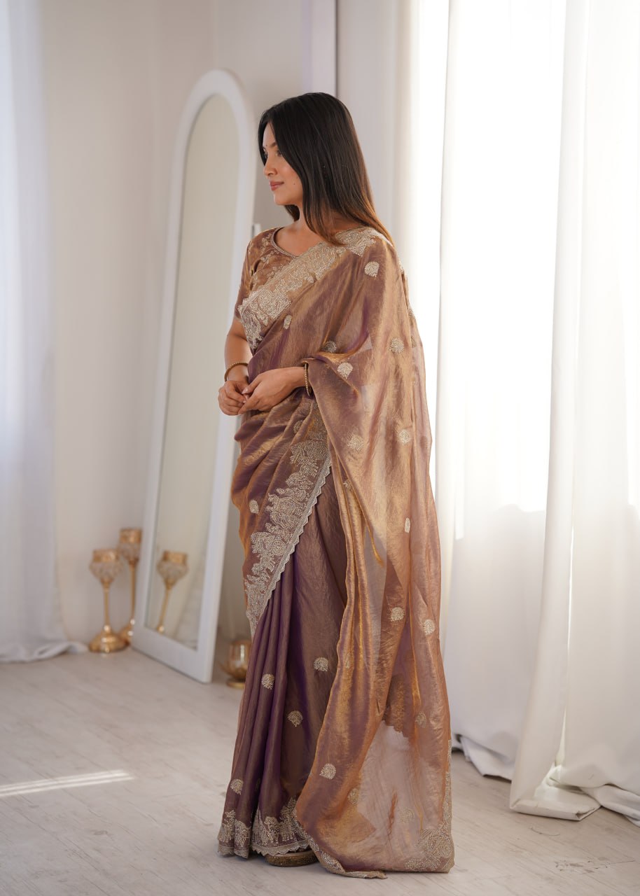 Rose Gold Designer Fendy Crush Saree ClothsVilla