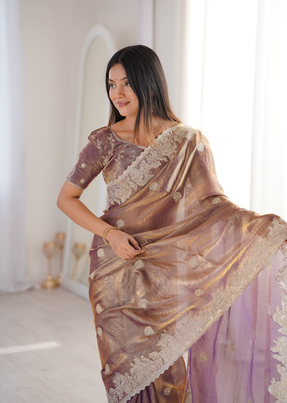 Rose Gold Designer Fendy Crush Saree ClothsVilla