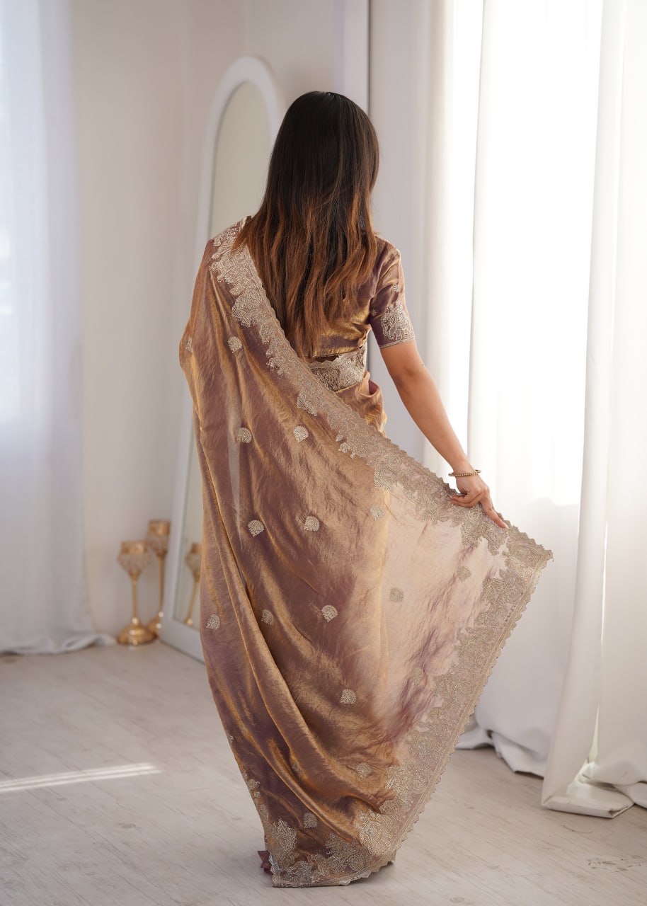 Rose Gold Designer Fendy Crush Saree ClothsVilla