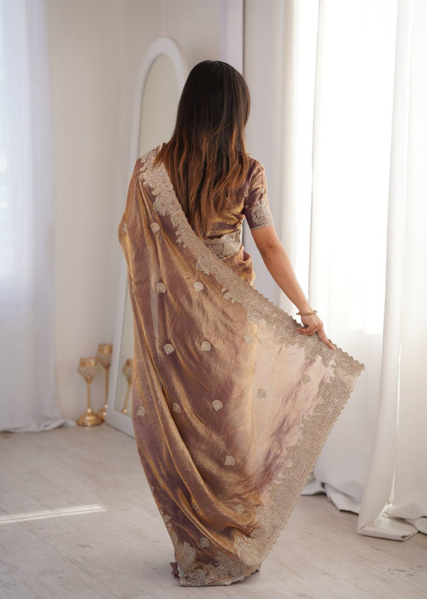 Rose Gold Designer Fendy Crush Saree ClothsVilla