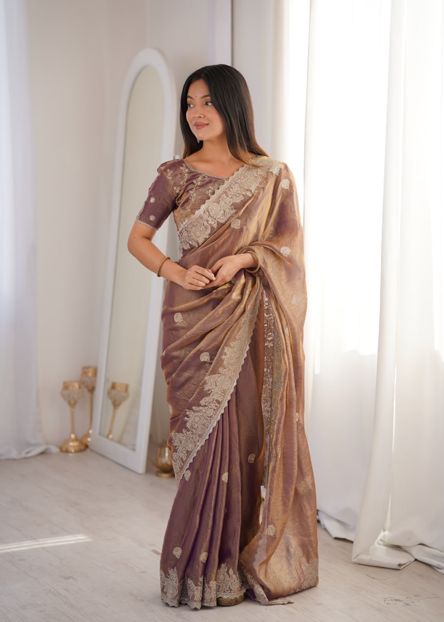 Rose Gold Designer Fendy Crush Saree ClothsVilla