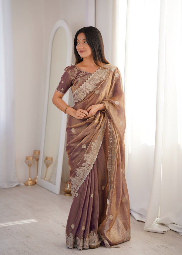 Rose Gold Designer Fendy Crush Saree ClothsVilla