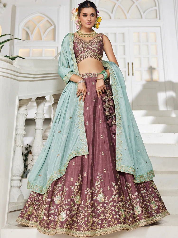 Rose Gold Elegant Chiffon Embroidered Lehenga Set with Dupatta & Blouse ClothsVilla