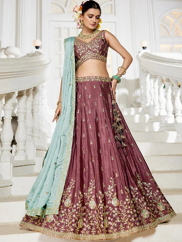 Rose Gold Elegant Chiffon Embroidered Lehenga Set with Dupatta & Blouse ClothsVilla