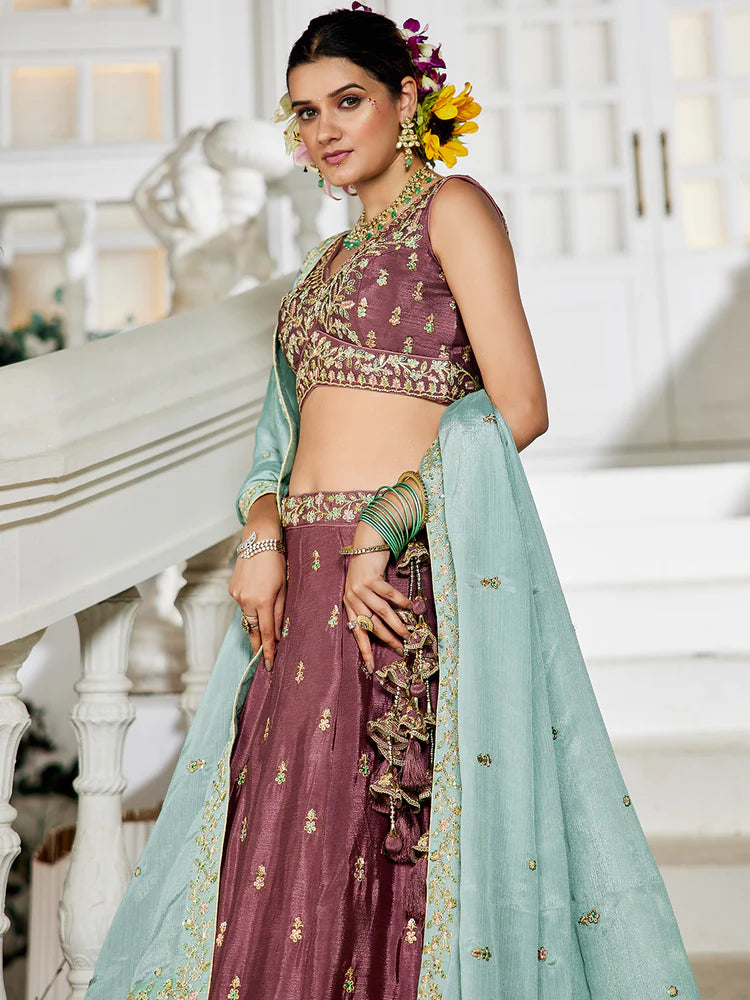 Rose Gold Elegant Chiffon Embroidered Lehenga Set with Dupatta & Blouse ClothsVilla