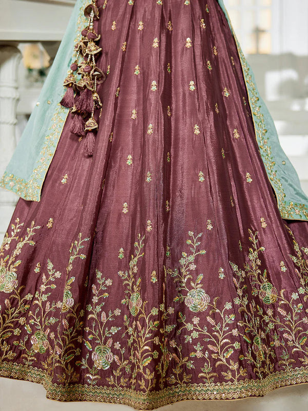 Rose Gold Elegant Chiffon Embroidered Lehenga Set with Dupatta & Blouse ClothsVilla