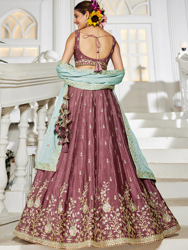 Rose Gold Elegant Chiffon Embroidered Lehenga Set with Dupatta & Blouse ClothsVilla