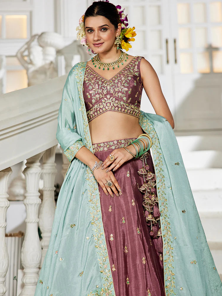 Rose Gold Elegant Chiffon Embroidered Lehenga Set with Dupatta & Blouse ClothsVilla