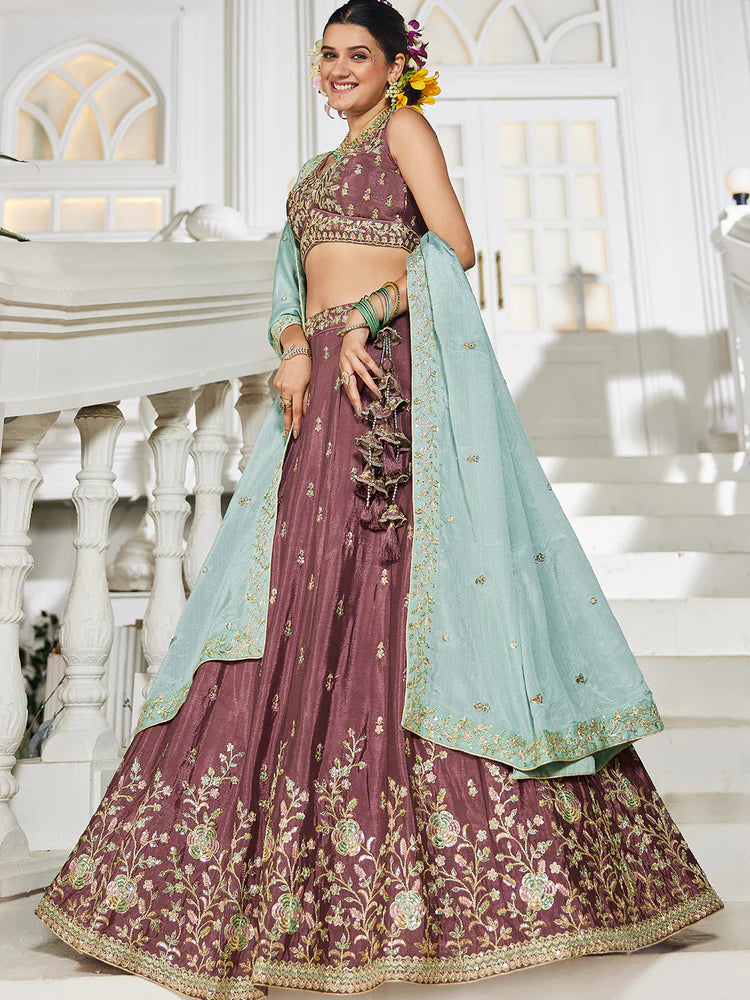 Rose Gold Elegant Chiffon Embroidered Lehenga Set with Dupatta & Blouse ClothsVilla