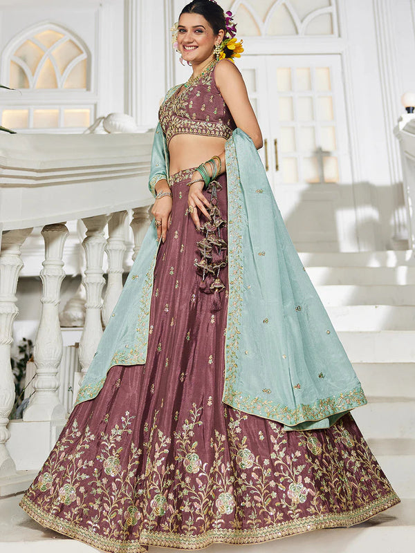Rose Gold Elegant Chiffon Embroidered Lehenga Set with Dupatta & Blouse ClothsVilla