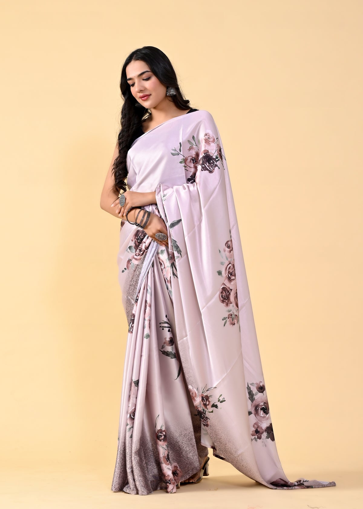 Rose Gold Floral Digital Printed Heavy Satin Silk Saree with Silk Blouse ClothsVilla Main image