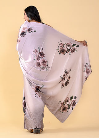 Rose Gold Floral Digital Printed Heavy Satin Silk Saree with Silk Blouse ClothsVilla