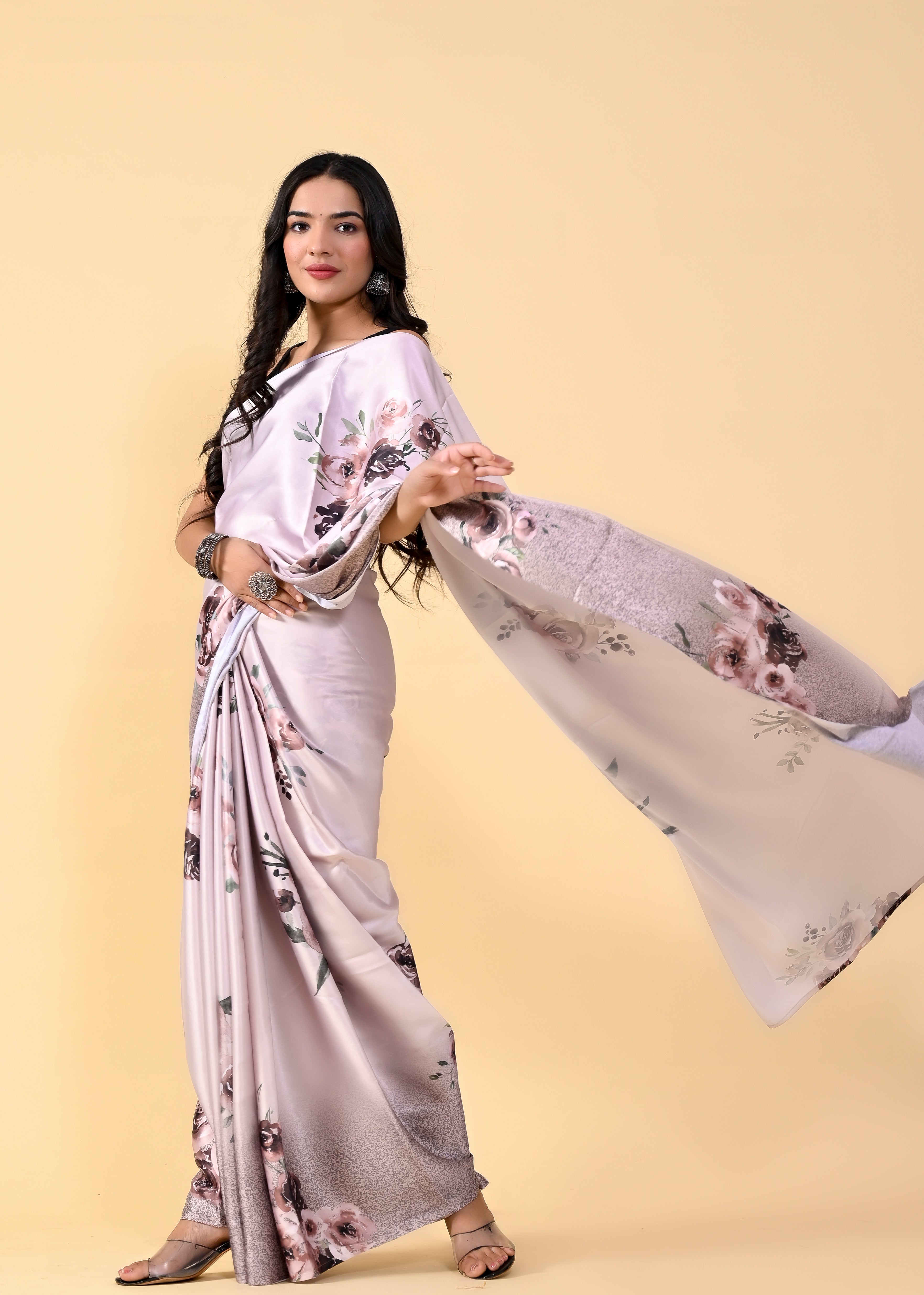 Rose Gold Floral Digital Printed Heavy Satin Silk Saree with Silk Blouse Secondary image