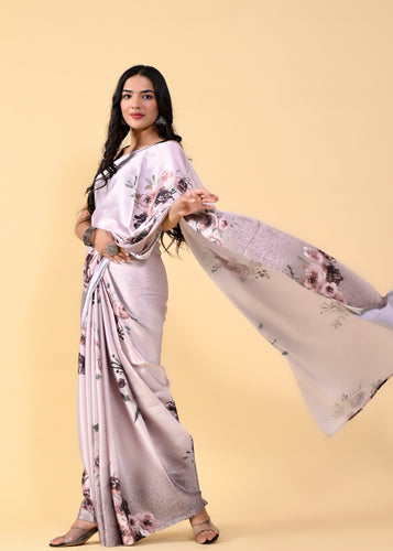 Rose Gold Floral Digital Printed Heavy Satin Silk Saree with Silk Blouse ClothsVilla