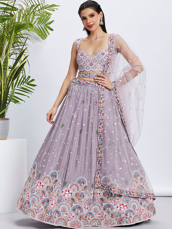 Rose Gold Mauve Chiffon Lehenga Choli Set with Sequins & Thread Embroidery ClothsVilla
