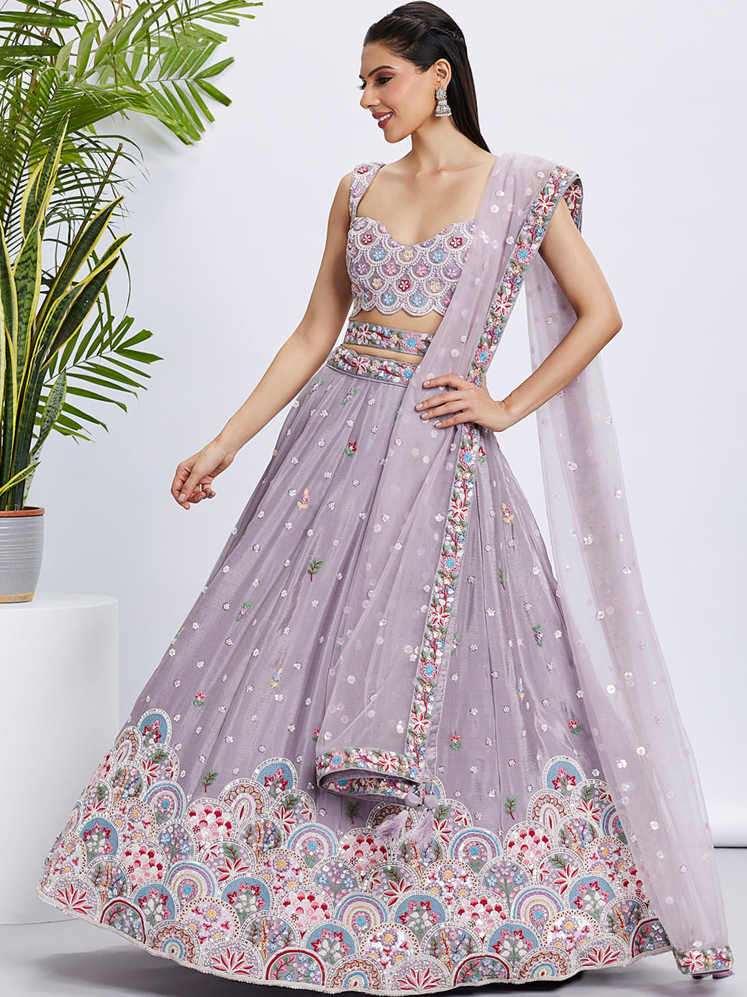 Rose Gold Mauve Chiffon Lehenga Choli Set with Sequins & Thread Embroidery ClothsVilla