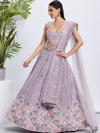 Rose Gold Mauve Chiffon Lehenga Choli Set with Sequins & Thread Embroidery ClothsVilla