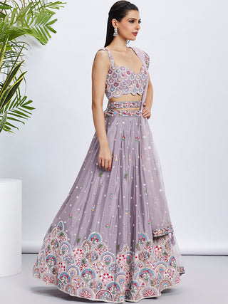 Rose Gold Mauve Chiffon Lehenga Choli Set with Sequins & Thread Embroidery ClothsVilla