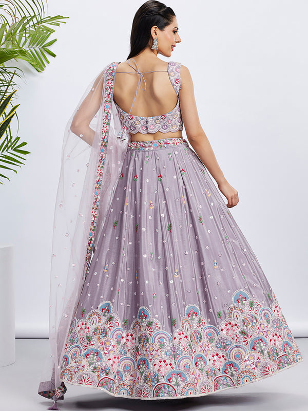 Rose Gold Mauve Chiffon Lehenga Choli Set with Sequins & Thread Embroidery ClothsVilla