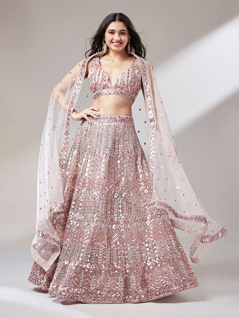 Rose Gold Net Mirror & Sequinse embroidery Semi-Stitched Lehenga choli & Dupatta Clothsvilla Main image