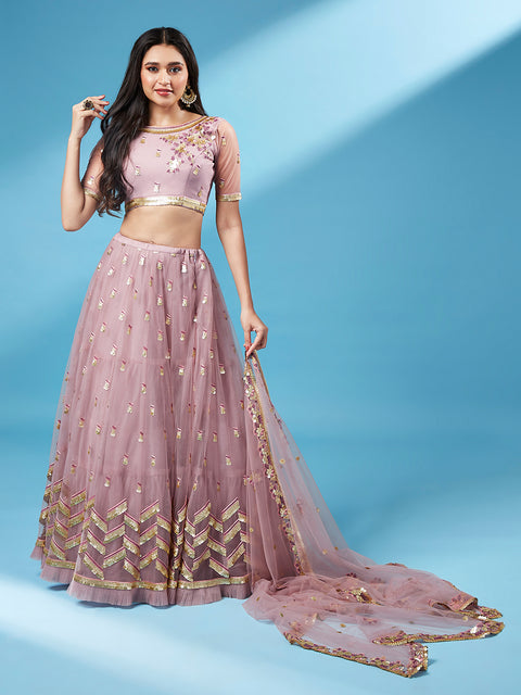 Rose Gold Net Semi Stitched Thread and Sequins work Lehenga Choli Clothsvilla Main image