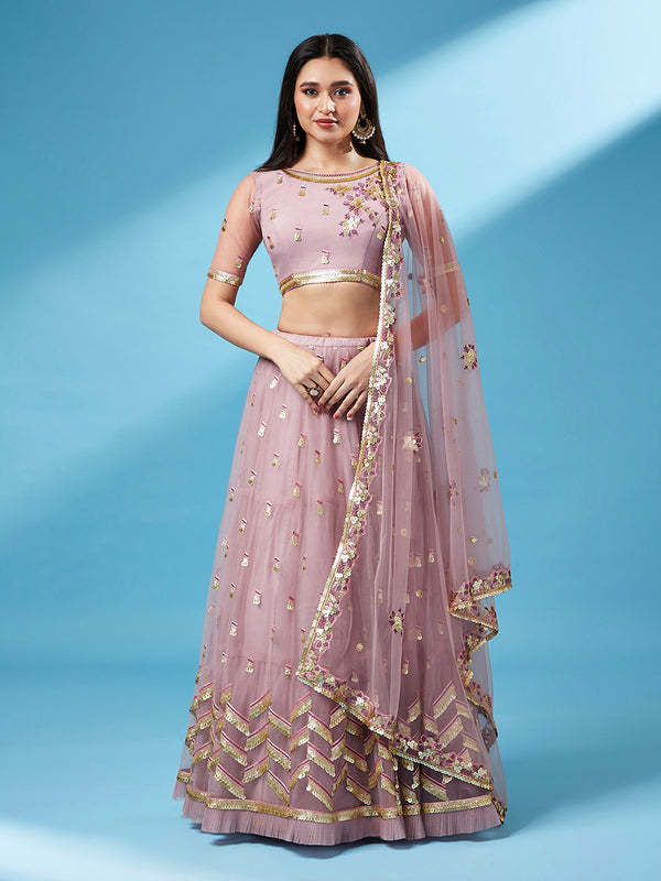 Rose Gold Net Semi Stitched Thread and Sequins work Lehenga Choli Clothsvilla