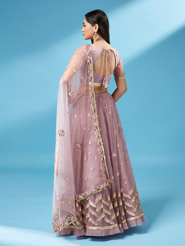 Rose Gold Net Semi Stitched Thread and Sequins work Lehenga Choli Clothsvilla