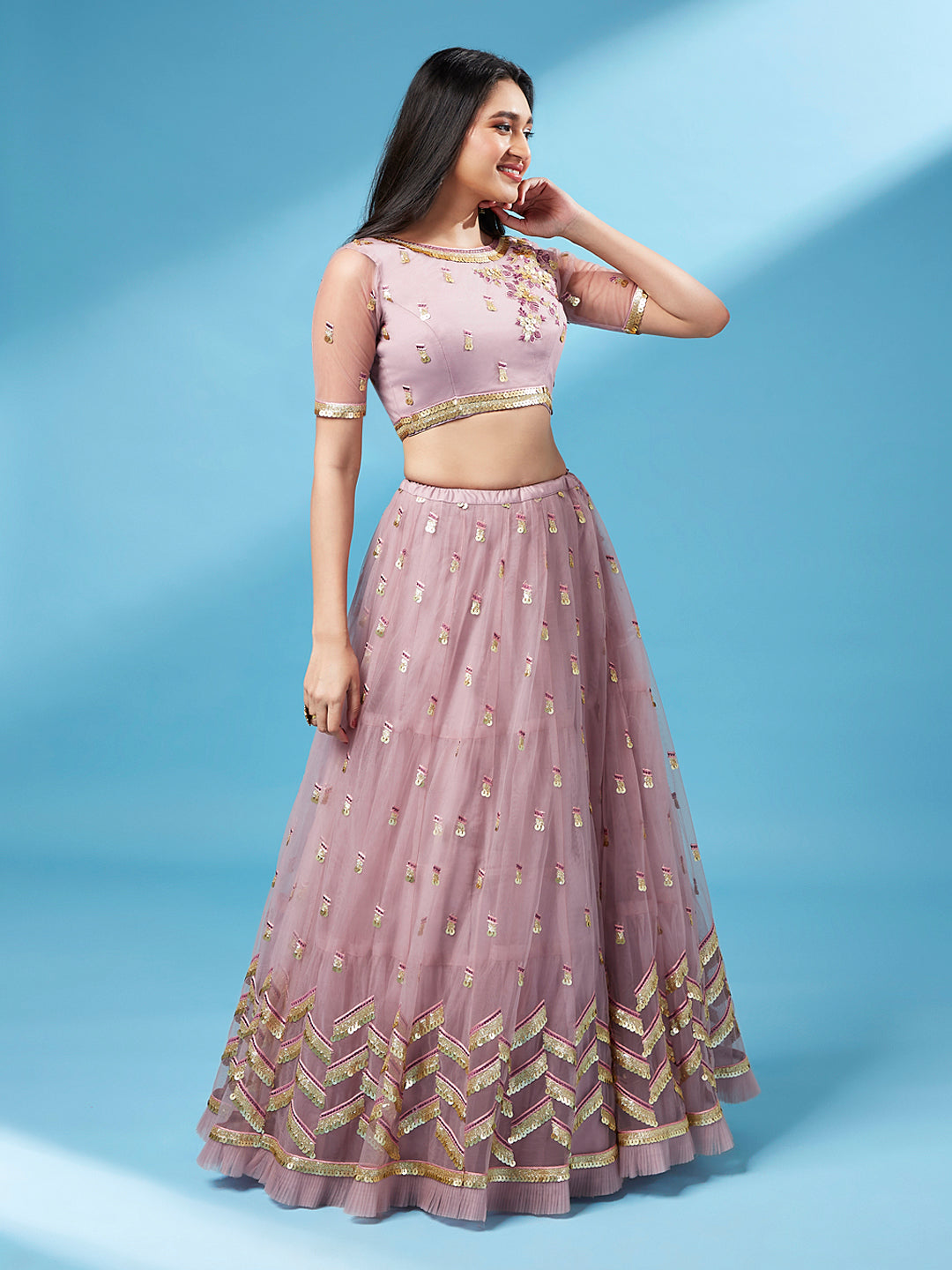 Rose Gold Net Semi Stitched Thread and Sequins work Lehenga Choli Clothsvilla
