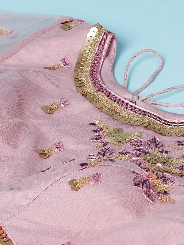 Rose Gold Net Semi Stitched Thread and Sequins work Lehenga Choli Clothsvilla