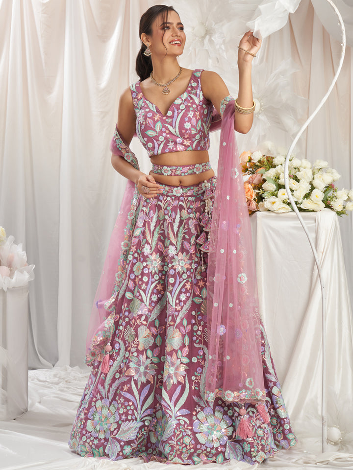 Rose Gold Net Sequins embroidery Semi-Stitched Lehenga choli & Dupatta ClothsVilla