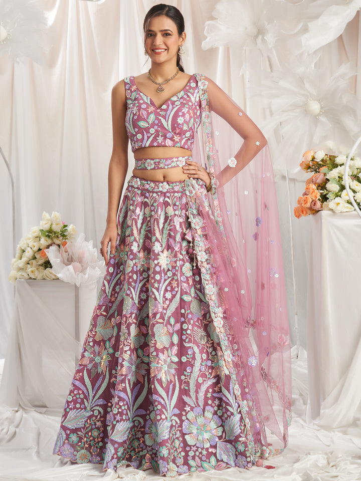 Rose Gold Net Sequins embroidery Semi-Stitched Lehenga choli & Dupatta ClothsVilla