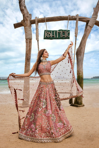 Rose Gold Net Sequins, Moti, Mirror and thread embroidery Semi-Stitched Lehenga choli & Dupatta Clothsvilla