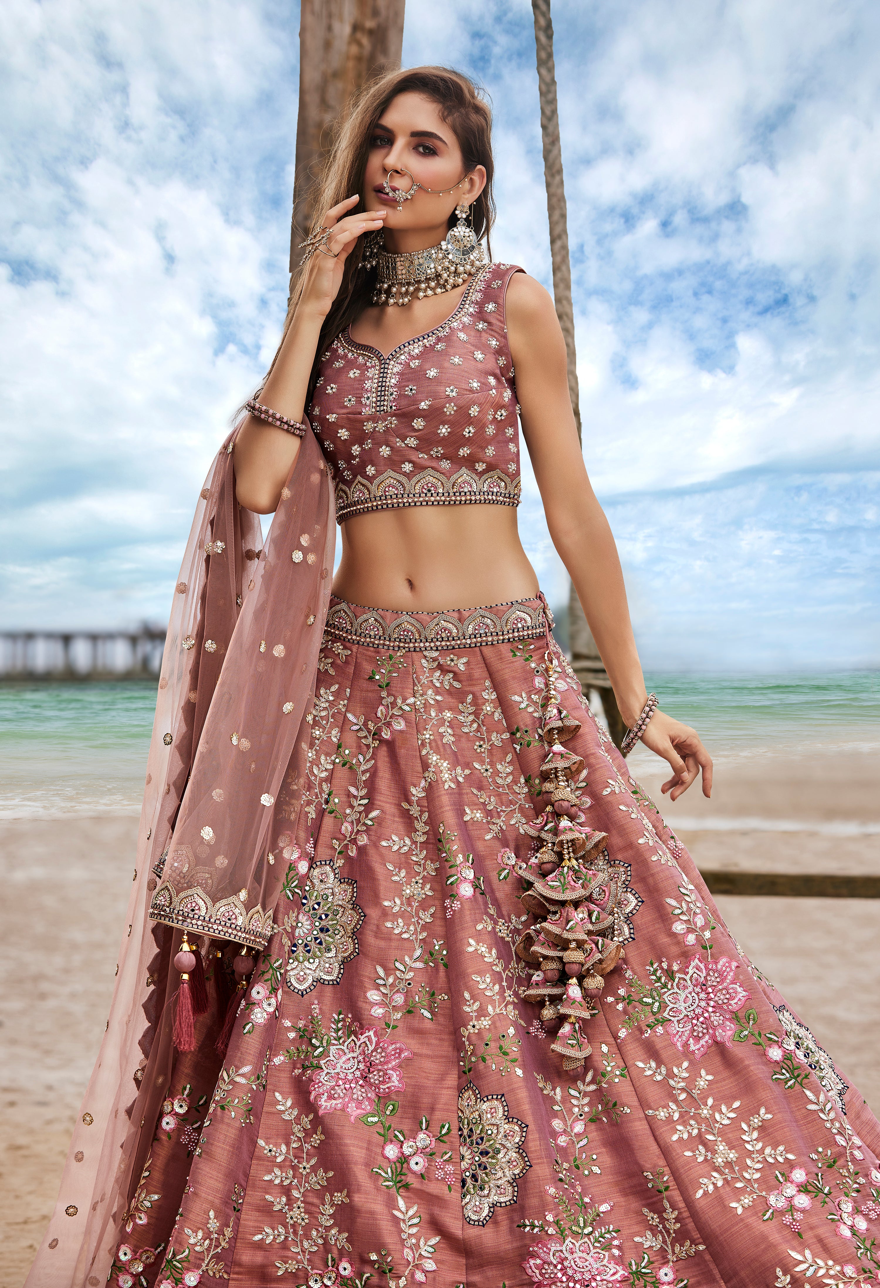 Rose Gold Net Sequins, Moti, Mirror and thread embroidery Semi-Stitched Lehenga choli & Dupatta Clothsvilla