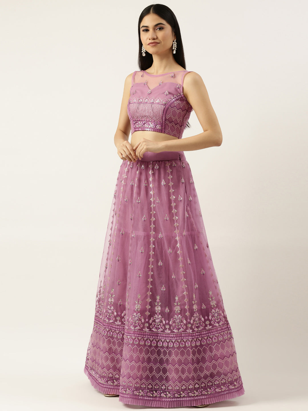 Rose Gold Net Sequinse Work Semi-Stitched Lehenga & Unstitched Blouse, Dupatta ClothsVilla