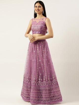 Rose Gold Net Sequinse Work Semi-Stitched Lehenga & Unstitched Blouse, Dupatta ClothsVilla