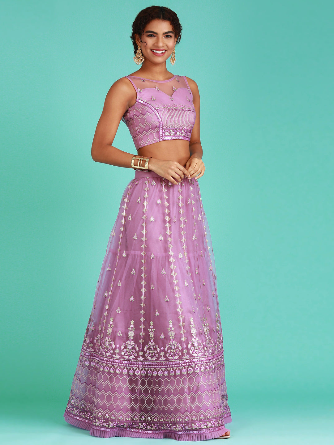 Rose Gold Net Sequinse Work Semi-Stitched Lehenga & Unstitched Blouse, Dupatta ClothsVilla