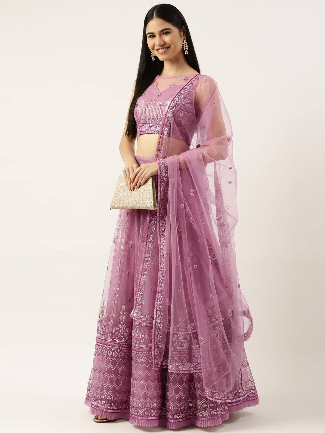 Rose Gold Net Sequinse Work Semi-Stitched Lehenga & Unstitched Blouse, Dupatta ClothsVilla