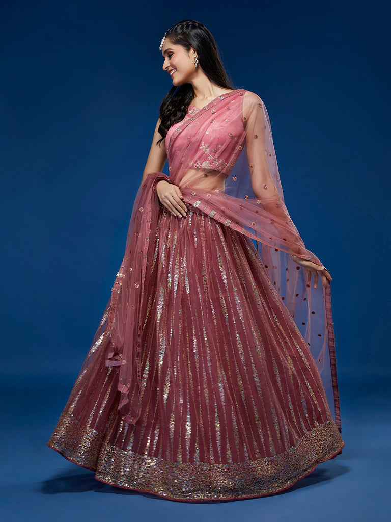 Rose Gold Net Sequinse Work Semi-Stitched Lehenga & Unstitched Blouse, Dupatta ClothsVilla