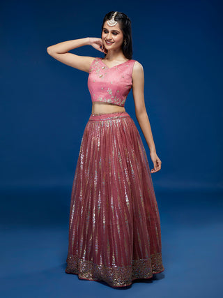 Rose Gold Net Sequinse Work Semi-Stitched Lehenga & Unstitched Blouse, Dupatta ClothsVilla