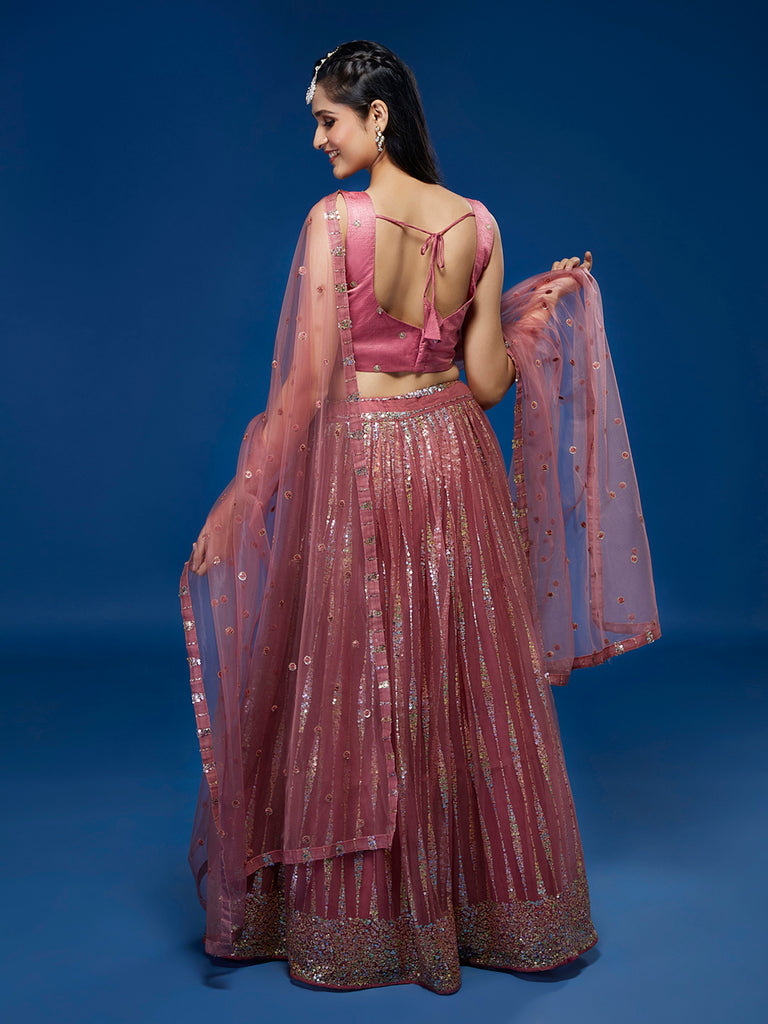 Rose Gold Net Sequinse Work Semi-Stitched Lehenga & Unstitched Blouse, Dupatta ClothsVilla