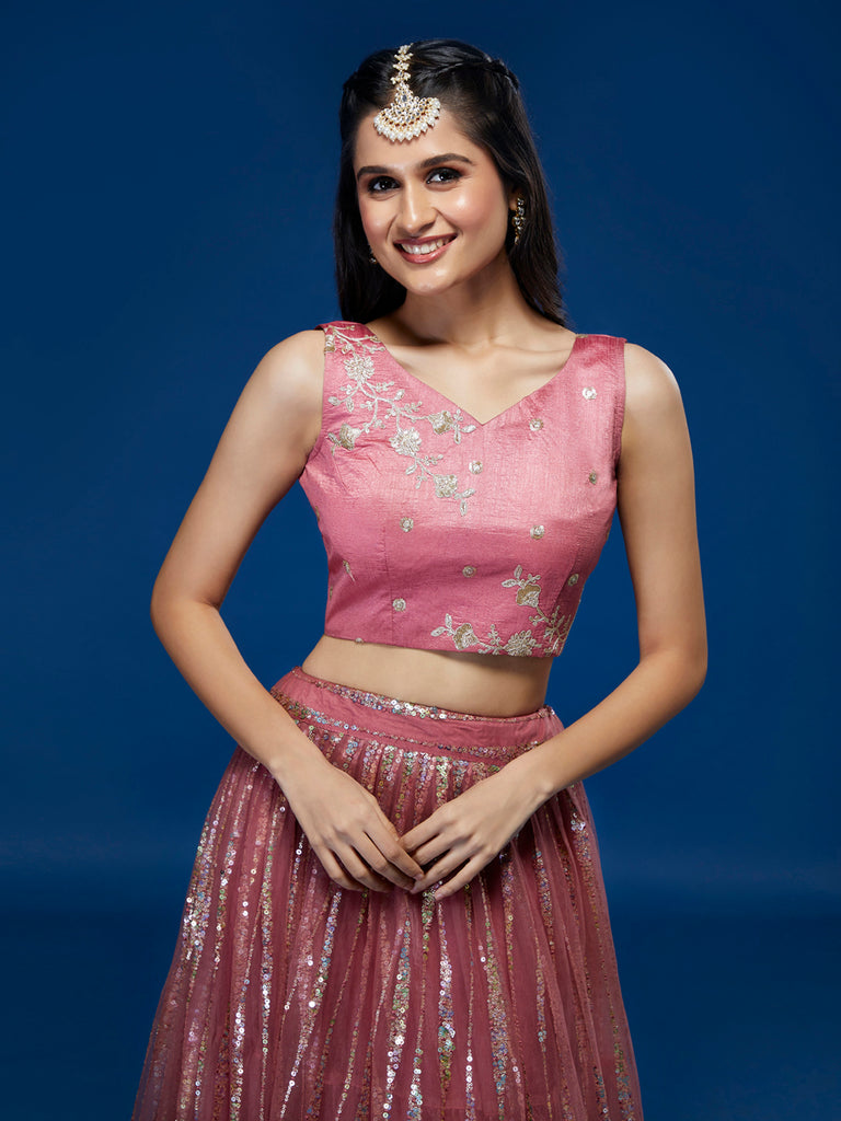 Rose Gold Net Sequinse Work Semi-Stitched Lehenga & Unstitched Blouse, Dupatta ClothsVilla