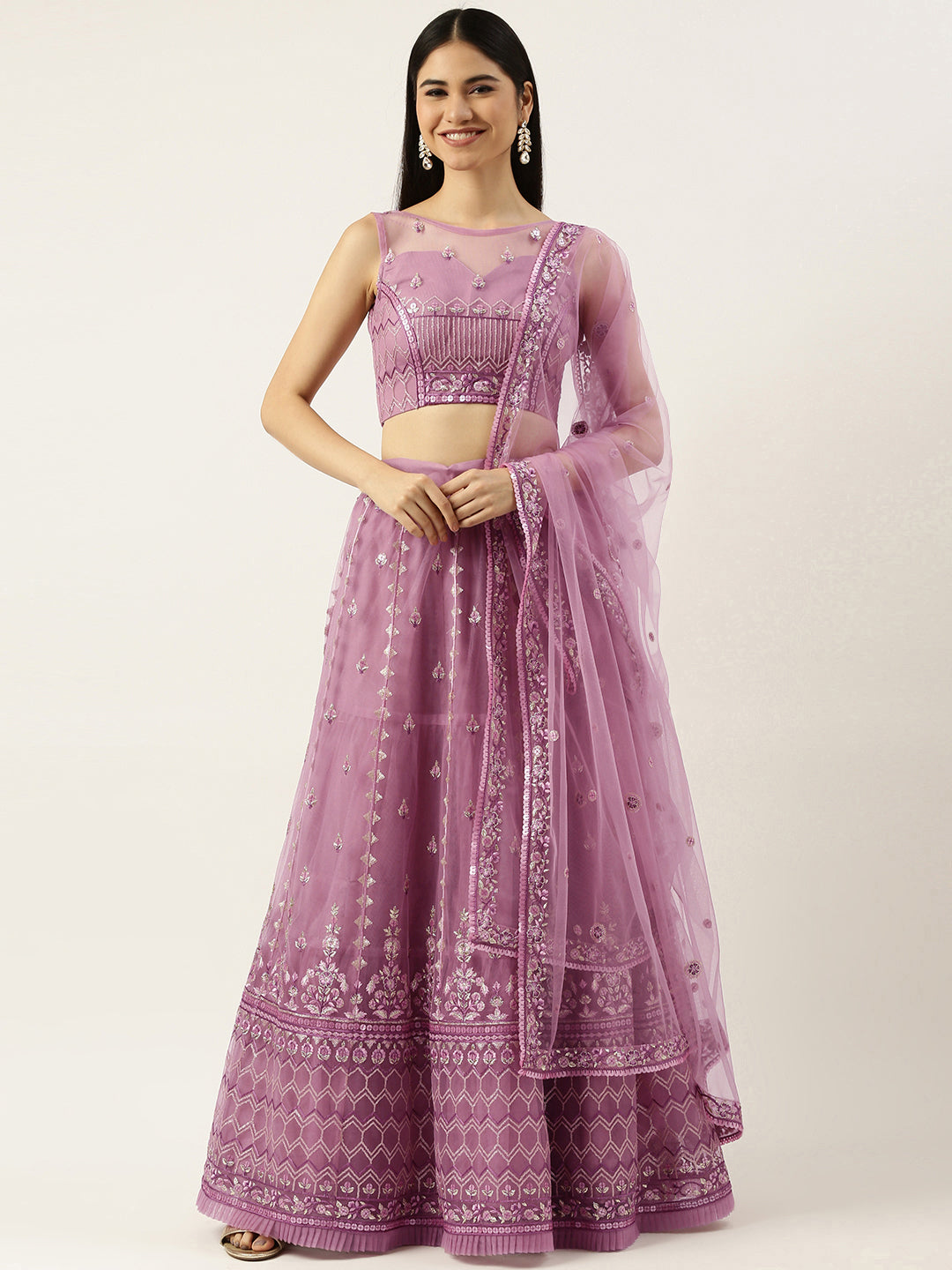 Rose Gold Net Sequinse Work Semi-Stitched Lehenga & Unstitched Blouse, Dupatta ClothsVilla