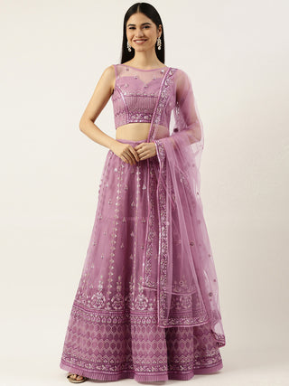 Rose Gold Net Sequinse Work Semi-Stitched Lehenga & Unstitched Blouse, Dupatta ClothsVilla