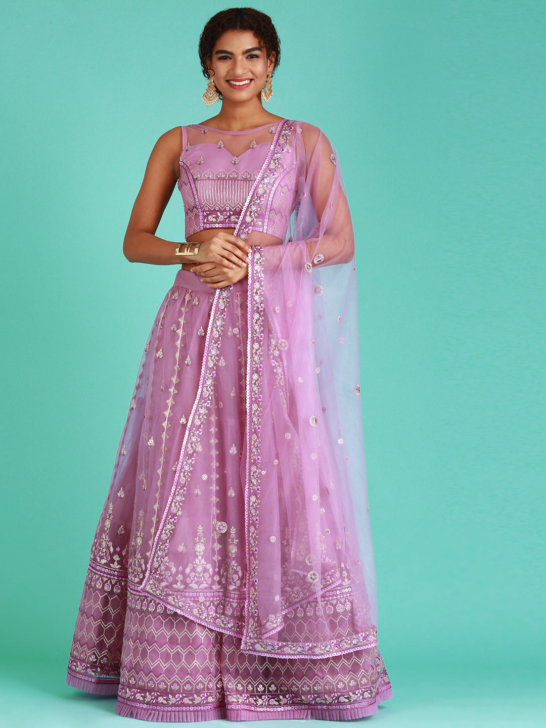 Rose Gold Net Sequinse Work Semi-Stitched Lehenga & Unstitched Blouse, Dupatta ClothsVilla